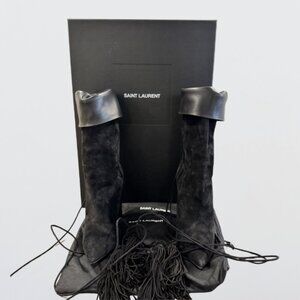 Saint Laurent YSL Meurice 105 Thigh High Boots Tassel Suede Leather Black W 37.5